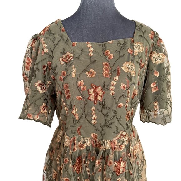 Deauville Maternity Floral Embroidered Midi Dress L Green Orange Lace Hem Short - Picture 3 of 7
